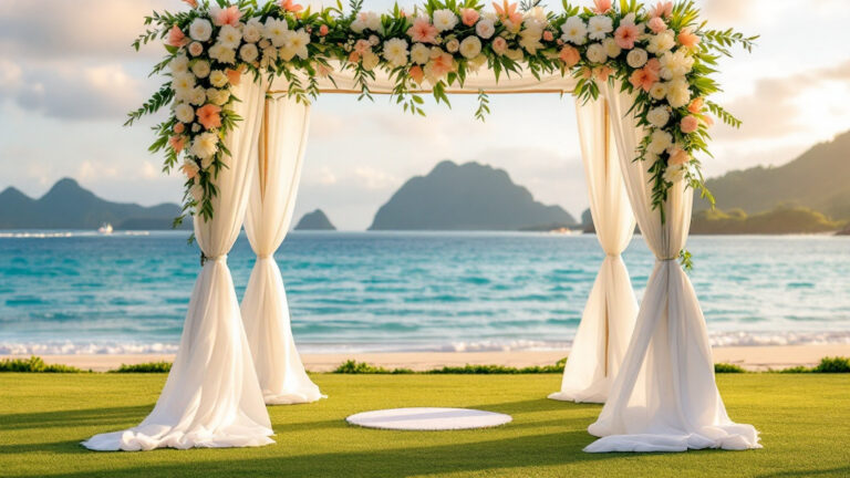Wedding ceremony arch on a Labuan Bajo beachfront lawn at golden hour