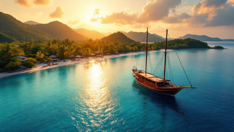 Labuan Bajo coastline with phinisi anchored in a turquoise bay