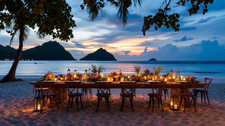 Beachfront resort wedding dinner setup at dusk in Labuan Bajo