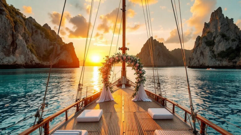 Floral wedding arch on the foredeck of a phinisi in Komodo National Park