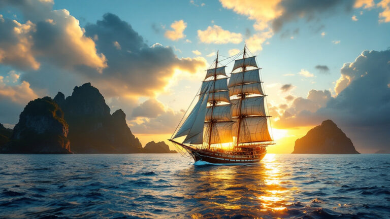 Phinisi yacht under sail between Indonesian islands at golden hour