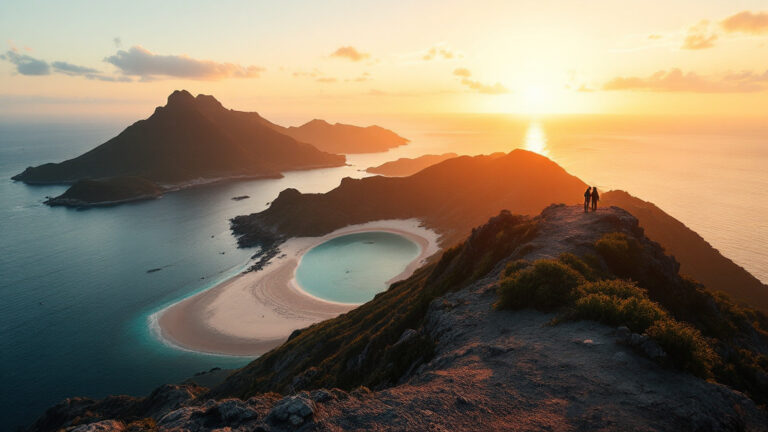 Padar Island three-bay viewpoint at sunset with a distant couple