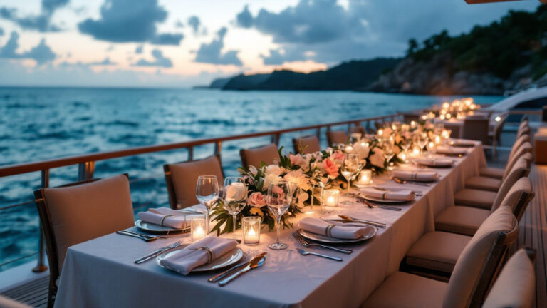 Wedding reception table setting on a yacht deck at dusk