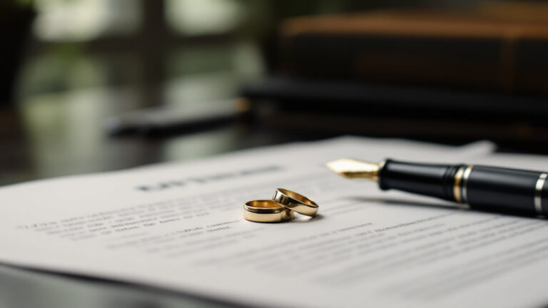 Wedding rings and marriage documents with a fountain pen