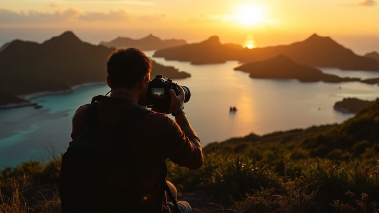 Photographer capturing a couple on a Komodo ridge at golden hour