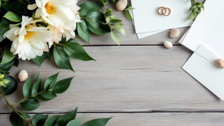 Destination wedding planning flat lay with tropical flowers and rings
