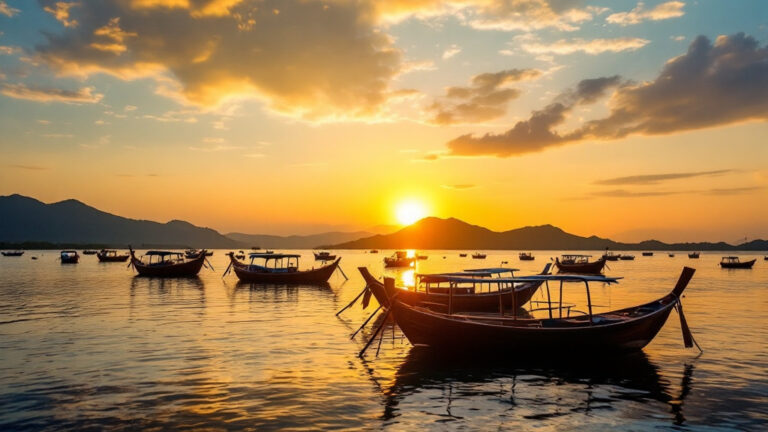 Labuan Bajo harbour at sunset with phinisi boats at anchor