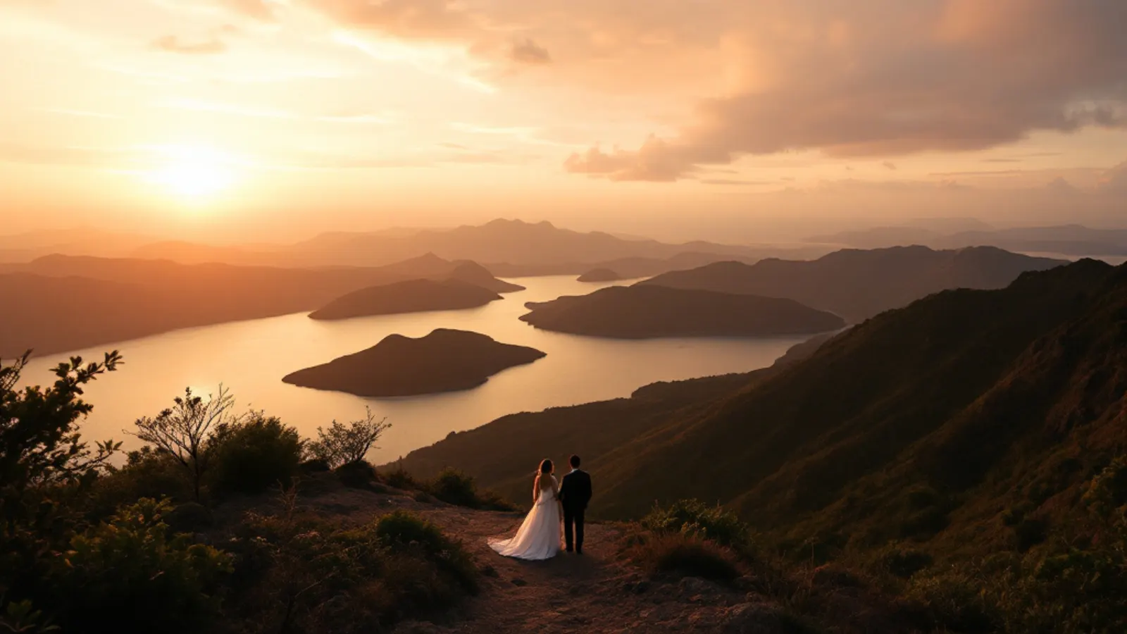 Couple standing far above the three bays of Padar Island at sunset
