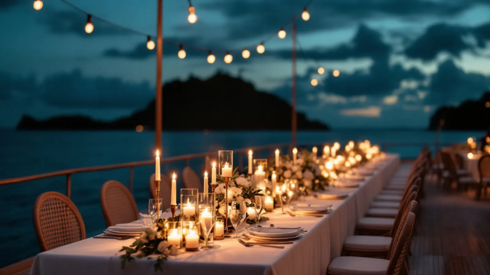 Wedding reception dinner table styled on a phinisi deck at dusk in Labuan Bajo