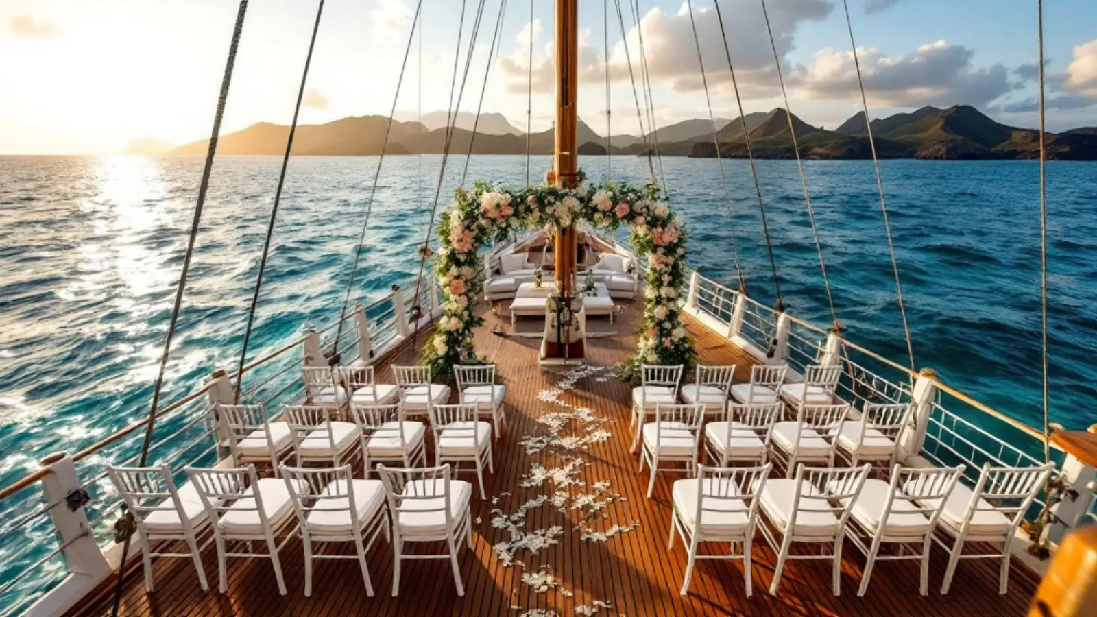 Wedding ceremony arch on the deck of a phinisi yacht at sunset in Komodo National Park
